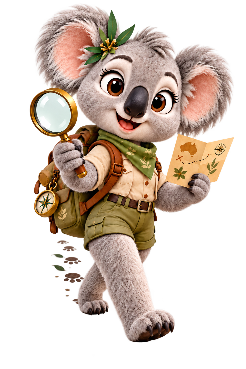 Koko the koala explorer, holding a magnifying glass and adventure map