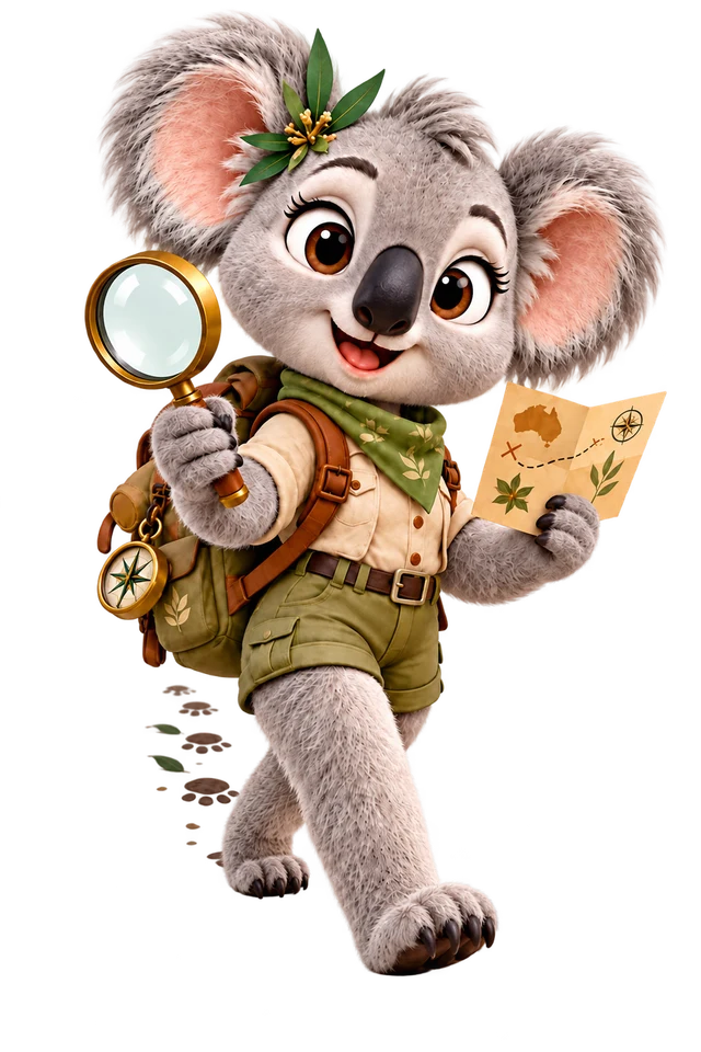 Koko, our koala explorer, holding a magnifying glass and treasure map